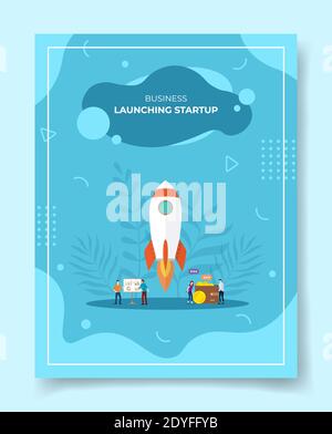 Start-Startup-Konzept Menschen rund um Rakete fliegen Takeoff-Chart Board Wallet Münze für Vorlage von Bannern, Flyer, Bücher Cover, Zeitschriften mit Flüssigkeit Stockfoto