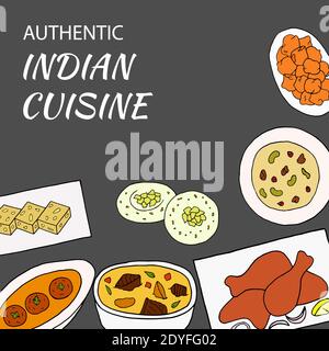 Vektor Hand gezeichnet von indischen Küche Poster mit Curry, Sesam Barfi, malai kofta, navratan Korma, Pakora, rasmalai, Huhn Tandoori. Entwurf Skizze el Stock Vektor