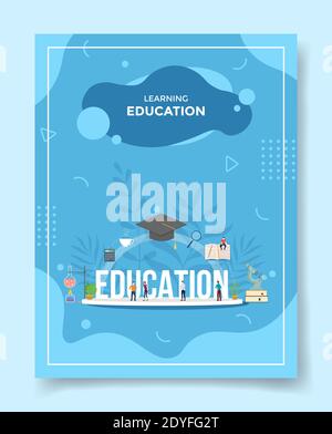 Lernen Bildung Konzept Menschen rund um Wort Bildung Kappe Buch Mikroskop Rechner für Vorlage von Bannern, Flyer, Bücher Cover, Zeitschriften mit Stockfoto