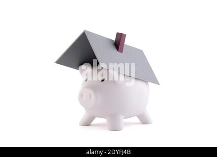 Sparschwein mit Hausdach auf weißem Hintergrund mit Clipping Pfad Stockfoto