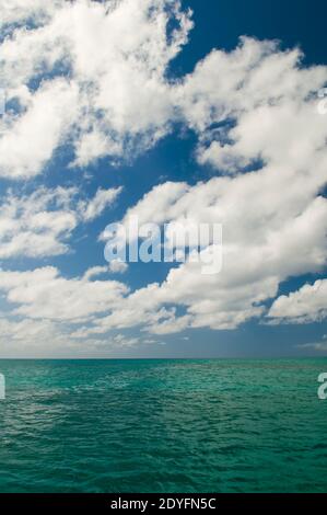 Blick auf den tiefen Ozean mit Wellen und weißen Wolken. Entspannende Seeseite, endlose See, tropischer Wasserhintergrund. Grünes Meer und blauer Himmel getrennt durch ein weit Stockfoto