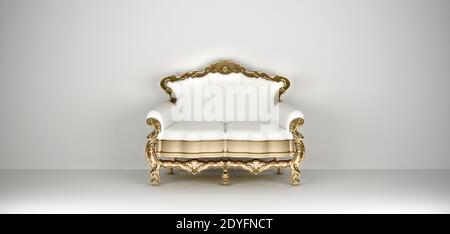 Luxus weißes Leder Zweisitzer-Sofa mit goldenem Rahmen. 3d-Rendering Stockfoto