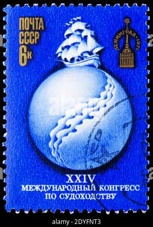 MOSKAU, RUSSLAND - 19. JUNI 2019: Briefmarke gedruckt in der Sowjetunion (UdSSR) gewidmet 24. Internationalen Schifffahrtskongress, Serie, um 1977 Stockfoto