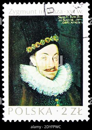 MOSKAU, RUSSLAND - 19. JUNI 2019: Briefmarke in Polen gedruckt zeigt König Sigismund Vasa (Zygmunt III Waza), Meisterwerke der polnischen Kunstserie, um Stockfoto