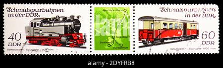 MOSKAU, RUSSLAND - 19. JUNI 2019: Zwei Briefmarken gedruckt in Deutschland, Demokratische Republik, zeigt Selkethal Eisenbahn, Schmalspurbahnen Serie, circ Stockfoto