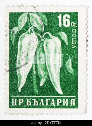 MOSKAU, RUSSLAND - 15. JULI 2019: Briefmarke gedruckt in Bulgarien zeigt Paprika, Definitives: Vegetables Serie, um 1958 Stockfoto