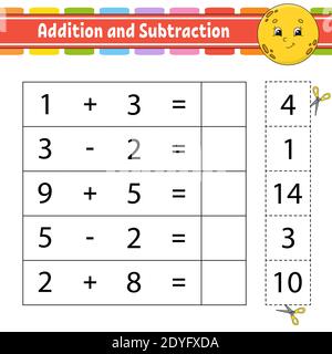 Addition und Subtraktion. Aufgabe für Kinder. Arbeitsblatt zur Entwicklung von Schulungen. Aktivitätsseite. Spiel für Kinder. Witziger Charakter. Isolierte Vektorgrafik Stock Vektor