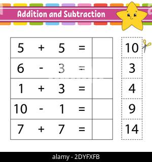 Addition und Subtraktion. Aufgabe für Kinder. Arbeitsblatt zur Entwicklung von Schulungen. Aktivitätsseite. Spiel für Kinder. Witziger Charakter. Isolierte Vektorgrafik Stock Vektor