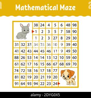 Mathematisch gefärbtes quadratisches Labyrinth. Arbeitsblatt zur Entwicklung von Schulungen. Spiel für Kinder. Puzzle für Kinder. Das Studium der Zahlen. Labyrinth-Rätsel. Flach Stock Vektor