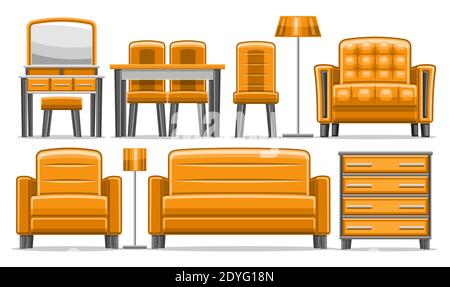 Vector Möbel-Set, Sammlung von ausgeschnittenen Illustrationen von trendigen orangefarbenen Möbeln für Wohnzimmer Interieur, Satz von isolierten dekorativen Möbeln f Stock Vektor