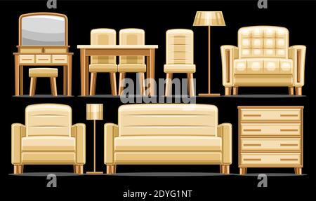 Vector Möbel-Set, Sammlung von ausgeschnittenen Illustrationen von trendigen gelben Möbeln für Wohnzimmer Interieur, Satz von isolierten dekorativen Möbeln f Stock Vektor