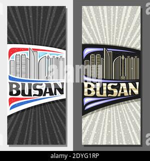 Vektor vertikale Layouts für Busan, dekorative Broschüre mit Umriss Illustration der berühmten busan Stadtlandschaft am Tag und Abenddämmerung Himmel Hintergrund, Kunst-Design Stock Vektor