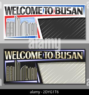 Vektor-Layouts für Busan mit Kopierraum, dekorativer Gutschein mit Umriss Illustration der modernen busan Stadtlandschaft am Tag und Abenddämmerung Himmel Hintergrund, Kunst Stock Vektor