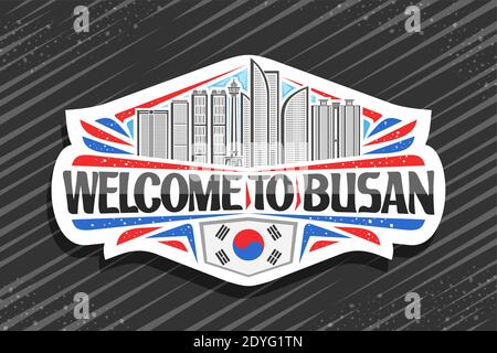 Vektor-Logo für Busan, dekorative Abzeichen mit Umriss Illustration der berühmten busan Stadtlandschaft auf Tag Himmel Hintergrund, Kunst Design Tourist Kühlschrank Magnet w Stock Vektor