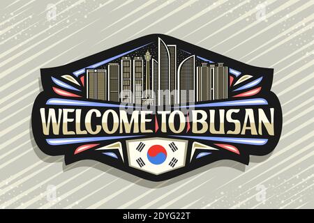 Vektor-Logo für Busan, schwarzer dekorativer Tag mit Liniendarstellung der berühmten busan Stadtlandschaft auf Dämmerung Himmel Hintergrund, Kunst Design Tourist Kühlschrank Magnet Stock Vektor