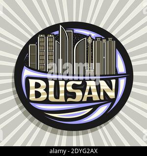Vektor-Logo für Busan, schwarz dekorativen runden Abzeichen mit Umriss Illustration der städtischen busan Stadtlandschaft auf Dämmerung Himmel Hintergrund, Kunst Design Tourist fr. Stock Vektor