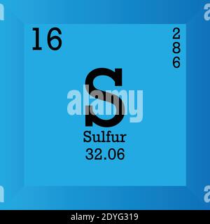 S Periodensystem für chemische Schwefelelemente. Einzelvektordarstellung, Elementsymbol mit molarer Masse, Ordnungszahl und Elektronenkonf. Stock Vektor