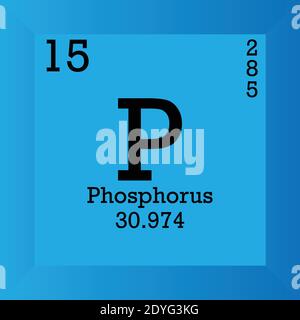 P Phosphor – Periodensystem für chemische Elemente. Einzelvektordarstellung, Elementsymbol mit molarer Masse, Ordnungszahl und Elektronenkonf. Stock Vektor