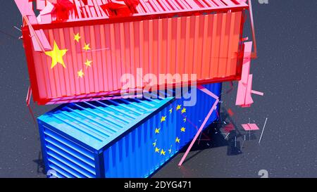 Rote chinesische Flagge Frachtcontainer fallen, Crushing von oben auf einem blauen eu-Container mit EU-Flagge. China vs. Europa Stockfoto