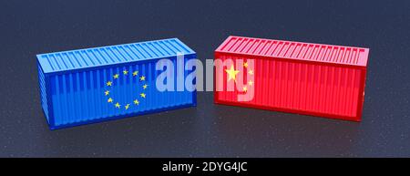 Zwei Frachtschiffcontainer, rote chinesische Flagge und blaue EU-Flagge, EU gegen China, Produktionsmarkt, Industrie- und Geschäftsrivalität, Kampf Stockfoto