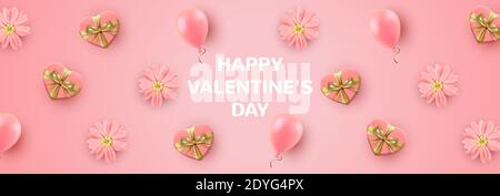 Valentinstag Feiertag Grußbanner mit Geschenkboxen in Herzform, rosa Blumen und Ballons Stock Vektor
