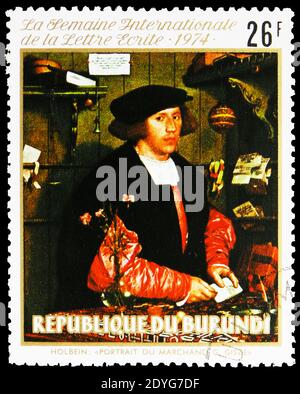 MOSKAU, RUSSLAND - 6. AUGUST 2019: Die in Burundi gedruckte Briefmarke zeigt Holbein 'Portrait du Marchand G. Gisze', Internationale Woche der geschriebenen Briefmarke Stockfoto