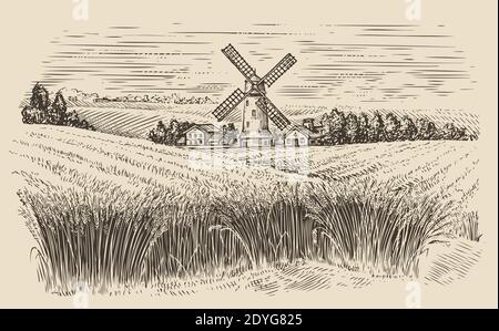 Windmühle in einer ländlichen Landschaft. Weizenfeld Skizze vintage Vektor Illustration Stock Vektor
