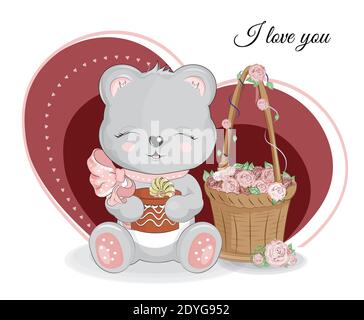 Valentinstag Karte niedlichen Korb mit Blumenrosen und Teddy besr, Bild in der Hand Zeichnung Cartoon-Stil für Gruß. Postkarte Stock Vektor