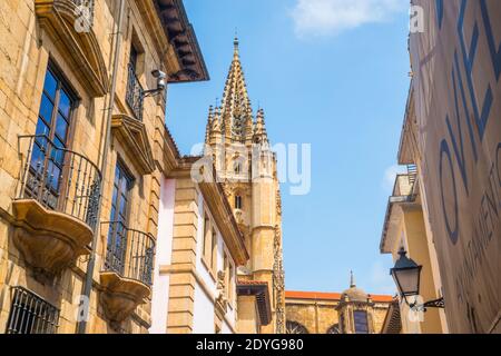 Häuser und Kathedrale. Oviedo, Spanien. Stockfoto