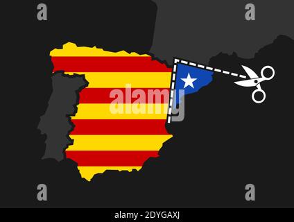 Katalonien vs Spanien - Unabhängigkeit und Souveränität der katalanischen Nation. Autonomes Territorium wird als Metapher von Trennung und Disintegg aus der Landkarte herausgeschnitten Stockfoto