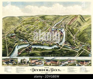 Sorgfältig reforested Reproduktion der Perspektive oder Vogelperspektive Karte: Ansicht von Seymour, Connecticut. Beachten Sie die Identifizierung von Straßennamen, Sehenswürdigkeiten, Unternehmen, Eisenbahnen und Produktionsgebäude. Diese restaurierte, detailreiche Reproduktion bringt viele Details und Wahrzeichen hervor, was diese Karte zu einer großen historischen Referenz macht. Stockfoto