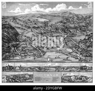 Sorgfältig restaurierte Reproduktion der Perspektive oder Vogelperspektive Karte von Higganum Connecticut, um 1881. Notieren Sie die Identifizierung von Straßennamen, Sehenswürdigkeiten, Unternehmen, Eisenbahnen und Fertigungsgebäuden. Diese restaurierte, detailreiche Reproduktion bringt viele Details und Wahrzeichen hervor, was diese Karte zu einer großen historischen Referenz macht. Bitte meine anderen restaurierten Reproduktionen von Connecticut Stadtkarten. Stockfoto