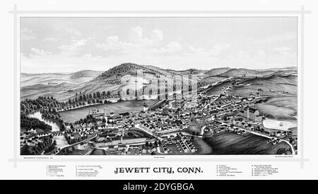 Sorgfältig reforested Reproduktion der Perspektive oder Vogelperspektive Karte mit dem Titel: Jewett City, Connecticut. Beachten Sie die Identifizierung von Straßennamen, Sehenswürdigkeiten, Unternehmen, Eisenbahnen und Produktionsgebäude. Diese restaurierte, detailreiche Reproduktion bringt viele Details und Wahrzeichen hervor, was diese Karte zu einer großen historischen Referenz macht. Stockfoto