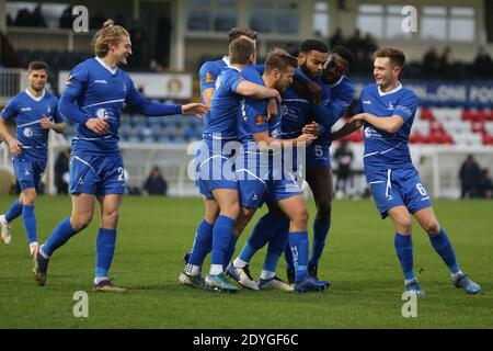 HARTLEPOOL, ENGLAND. 26. DEZEMBER Ryan Johnson von Hartlepool United feiert am Samstag, 26. Dezember 2020, nachdem er beim Vanarama National League-Spiel zwischen Hartlepool United und FC Halifax Town im Victoria Park, Hartlepool, ihr erstes Tor erzielt hat. (Kredit: Mark Fletcher, Mi News) Kredit: MI Nachrichten & Sport /Alamy Live Nachrichten Stockfoto