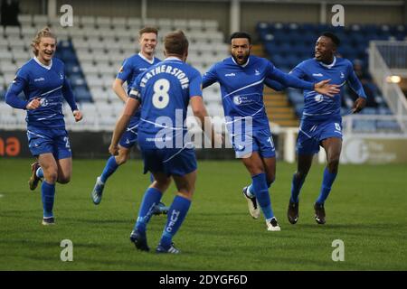 HARTLEPOOL, ENGLAND. 26. DEZEMBER Ryan Johnson von Hartlepool United feiert am Samstag, 26. Dezember 2020, nachdem er beim Vanarama National League-Spiel zwischen Hartlepool United und FC Halifax Town im Victoria Park, Hartlepool, ihr erstes Tor erzielt hat. (Kredit: Mark Fletcher, Mi News) Kredit: MI Nachrichten & Sport /Alamy Live Nachrichten Stockfoto