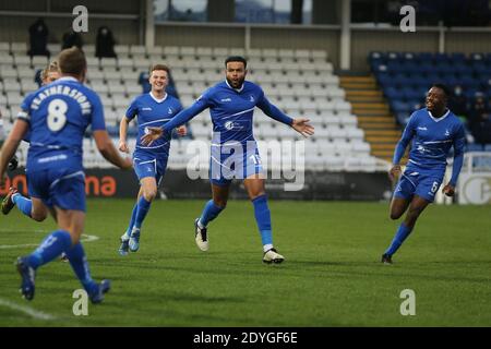 HARTLEPOOL, ENGLAND. 26. DEZEMBER Ryan Johnson von Hartlepool United feiert am Samstag, 26. Dezember 2020, nachdem er beim Vanarama National League-Spiel zwischen Hartlepool United und FC Halifax Town im Victoria Park, Hartlepool, ihr erstes Tor erzielt hat. (Kredit: Mark Fletcher, Mi News) Kredit: MI Nachrichten & Sport /Alamy Live Nachrichten Stockfoto