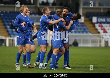 HARTLEPOOL, ENGLAND. 26. DEZEMBER Ryan Johnson von Hartlepool United feiert am Samstag, 26. Dezember 2020, nachdem er beim Vanarama National League-Spiel zwischen Hartlepool United und FC Halifax Town im Victoria Park, Hartlepool, ihr erstes Tor erzielt hat. (Kredit: Mark Fletcher, Mi News) Kredit: MI Nachrichten & Sport /Alamy Live Nachrichten Stockfoto