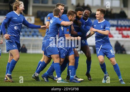 HARTLEPOOL, ENGLAND. 26. DEZEMBER Ryan Johnson von Hartlepool United feiert am Samstag, 26. Dezember 2020, nachdem er beim Vanarama National League-Spiel zwischen Hartlepool United und FC Halifax Town im Victoria Park, Hartlepool, ihr erstes Tor erzielt hat. (Kredit: Mark Fletcher, Mi News) Kredit: MI Nachrichten & Sport /Alamy Live Nachrichten Stockfoto