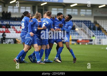 HARTLEPOOL, ENGLAND. 26. DEZEMBER Ryan Johnson von Hartlepool United feiert am Samstag, 26. Dezember 2020, nachdem er beim Vanarama National League-Spiel zwischen Hartlepool United und FC Halifax Town im Victoria Park, Hartlepool, ihr erstes Tor erzielt hat. (Kredit: Mark Fletcher, Mi News) Kredit: MI Nachrichten & Sport /Alamy Live Nachrichten Stockfoto