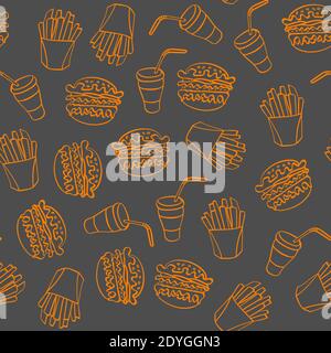 Fast Food Doodle nahtlose Muster. Handgezeichnete orangefarbene Symbole auf grauem Hintergrund. Vektorgrafik. Stock Vektor