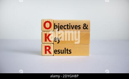 OKR-Symbol. Konzeptwörter „OKR – Ziele und Schlüsselergebnisse“ auf Würfeln und Blöcken auf einem schönen weißen Hintergrund. Business und OKR - Ziele und ke Stockfoto