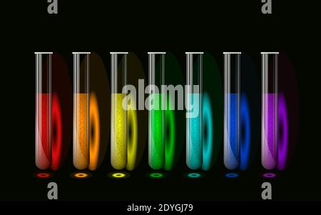Ein Satz chemischer Reagenzgläser mit mehrfarbigen Flüssigkeiten auf schwarzem Hintergrund. Stockfoto