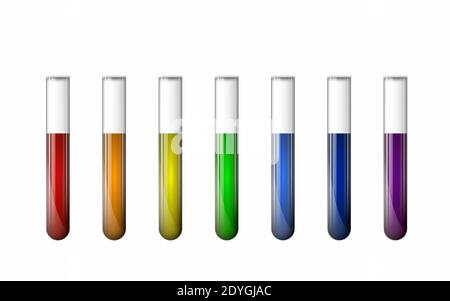 Ein Satz chemischer Reagenzgläser mit mehrfarbigen Flüssigkeiten auf weißem Hintergrund. Stockfoto