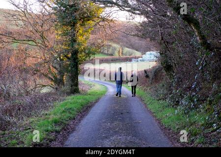 Rückansicht von zwei Personen Paar Mann Frau gehen für Gehen Sie auf einer Landstraße während der covid 19 Pandemie Im ländlichen Wales Carmarthenshire Großbritannien KATHY DEWITT Stockfoto