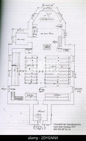 Langenlonsheim (Bad Kreuznach), Simultankirche von 1658 bis 1907, Grundriss der Simultankirche nach dem Neubau 1777, vor 1907 (von 1907 bis 1908 erbauten die Katholiken ihre Pfarrkirche St. Johannes der Täufer an anderer Stelle). Stockfoto