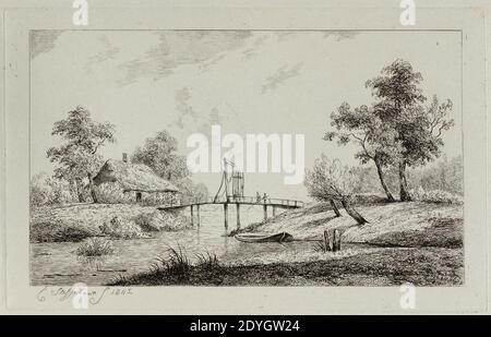 Landschap met twee vissers op een brug en links een boerderij. Stockfoto