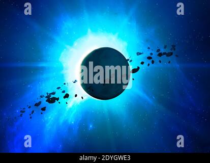 Erforschung neuer Welten, Raum und Universum, neuer Galaxien. Planeten im Gegenlicht. Trümmer und Meteoriten um einen Planeten. Solaranlagen Stockfoto
