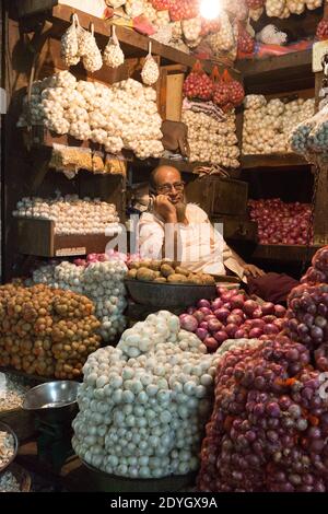 India Mumbai Onion Vendor Auf Dem Craword Market Stockfoto