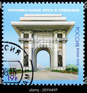 MOSKAU, RUSSLAND - 10. AUGUST 2019: Briefmarke gedruckt in Russland zum 70. Jahrestag der Befreiung Koreas, Serie, um 2015 Stockfoto