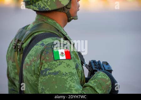 Raising Flag Guard of Honor Stand auf Zocalo vor der Metropolitan Cathedral im historischen Zentrum von Mexiko City CDMX, Mexiko. Stockfoto